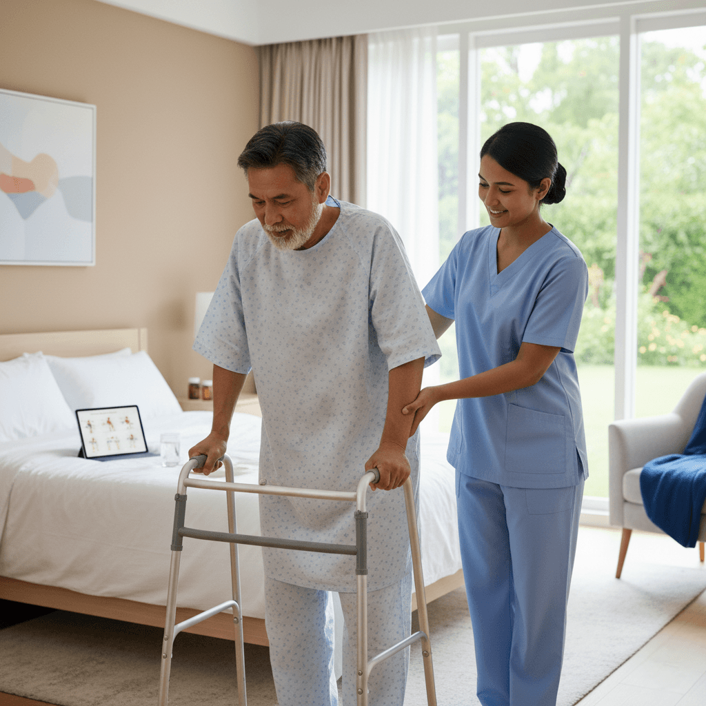Nurse assisting patient with rehabilitation exercises